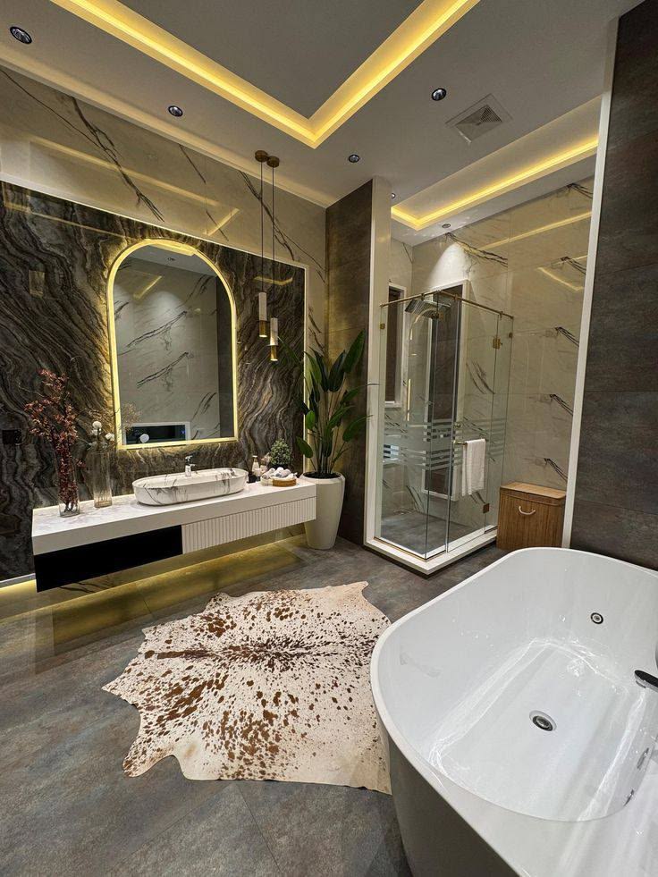 Minimalist master bath sanctuary with sculptural freestanding soaking tub